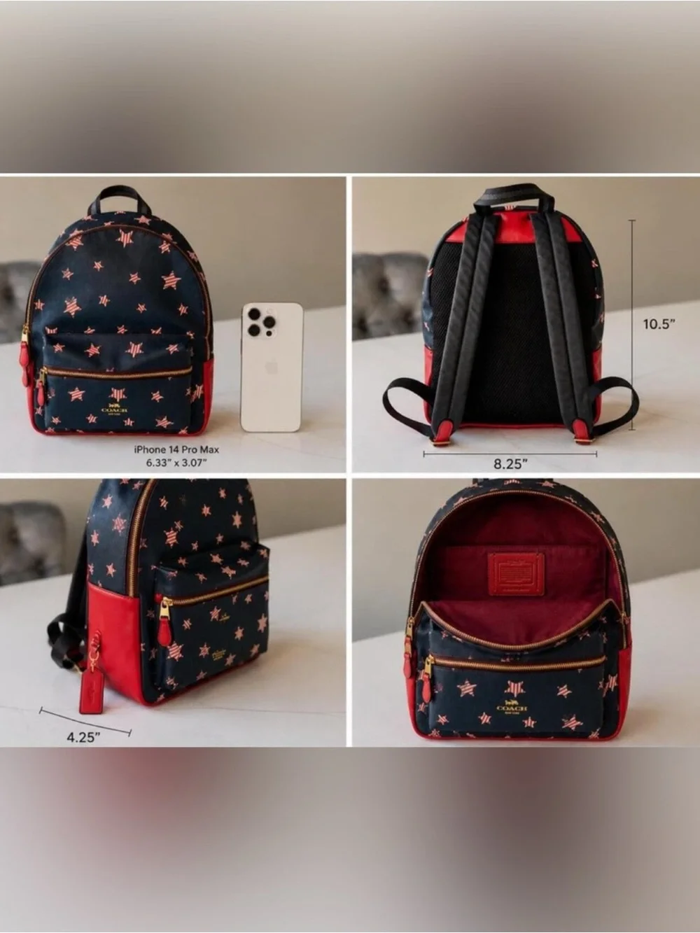 Coach Black Leather Backpack with Red Star Motif and Red Trim
